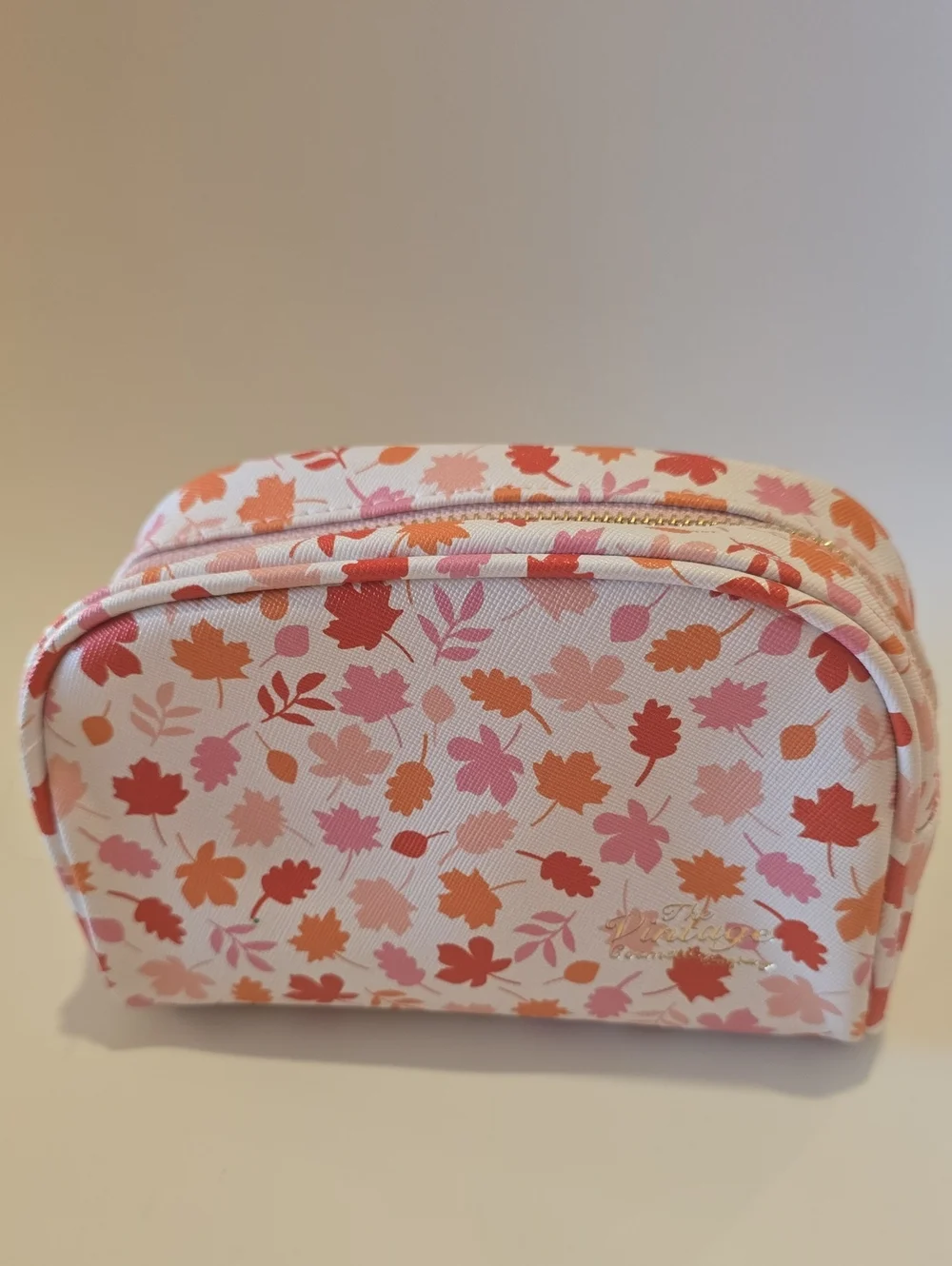 Leaf-Print Cosmetic Pouch — Pink & Orange